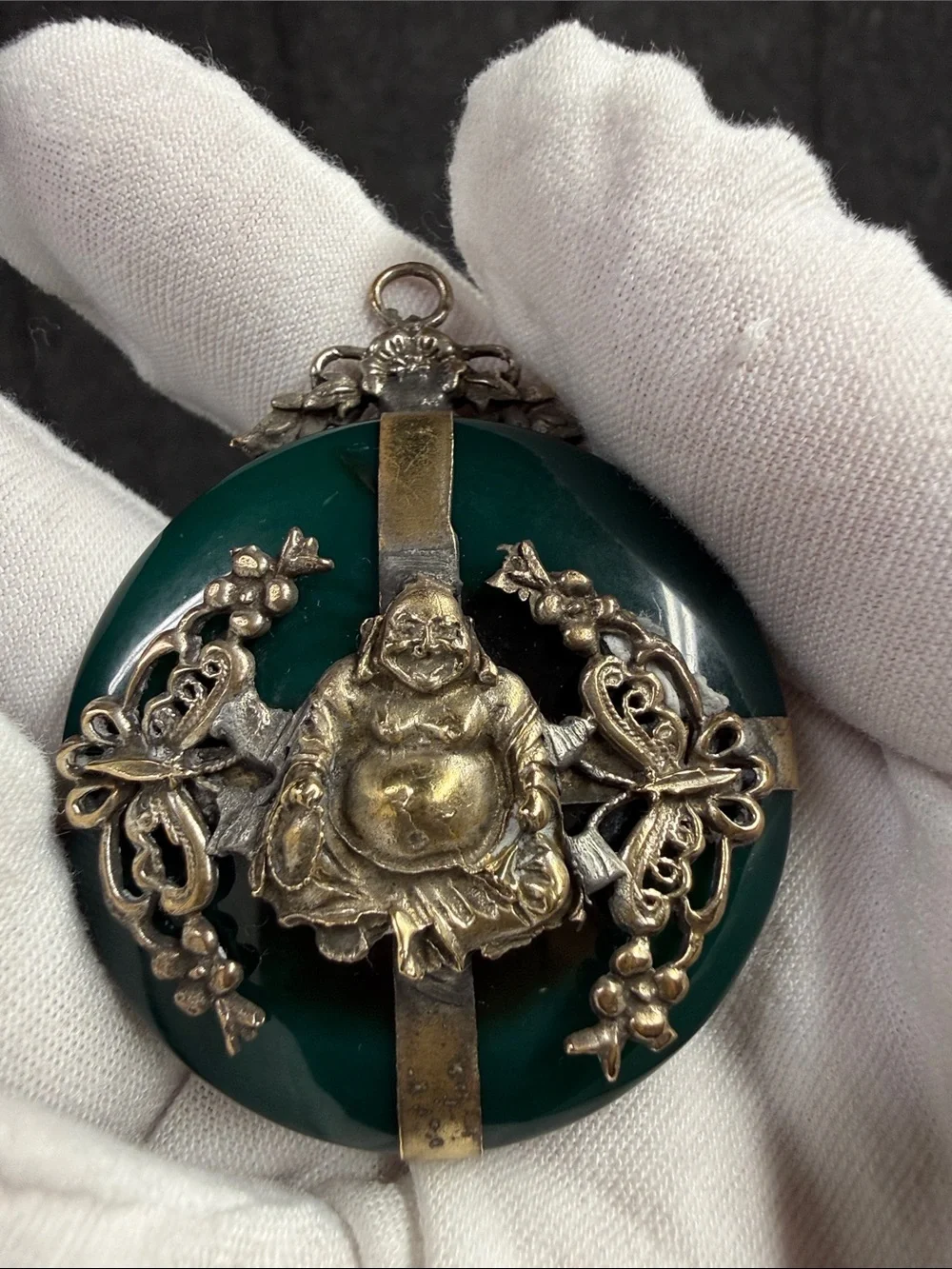 Antique, vintage, Green Jade-Style Buddha Brooch with Silver-Toned Accents